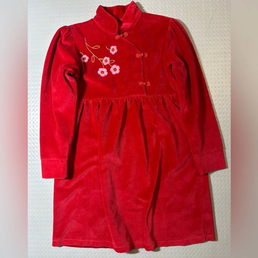 Croco kids red velvety dress mandarin collar‎ floral embroidery child 12 NWT